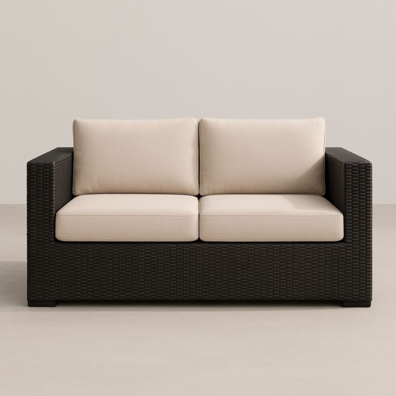 Divano Due Posti in Rattan Sintetico Nero con Cuscini Beige