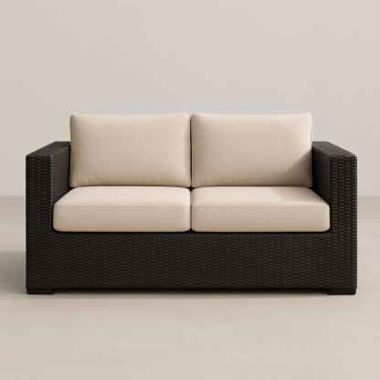 Divano Due Posti in Rattan Sintetico Nero con Cuscini Beige