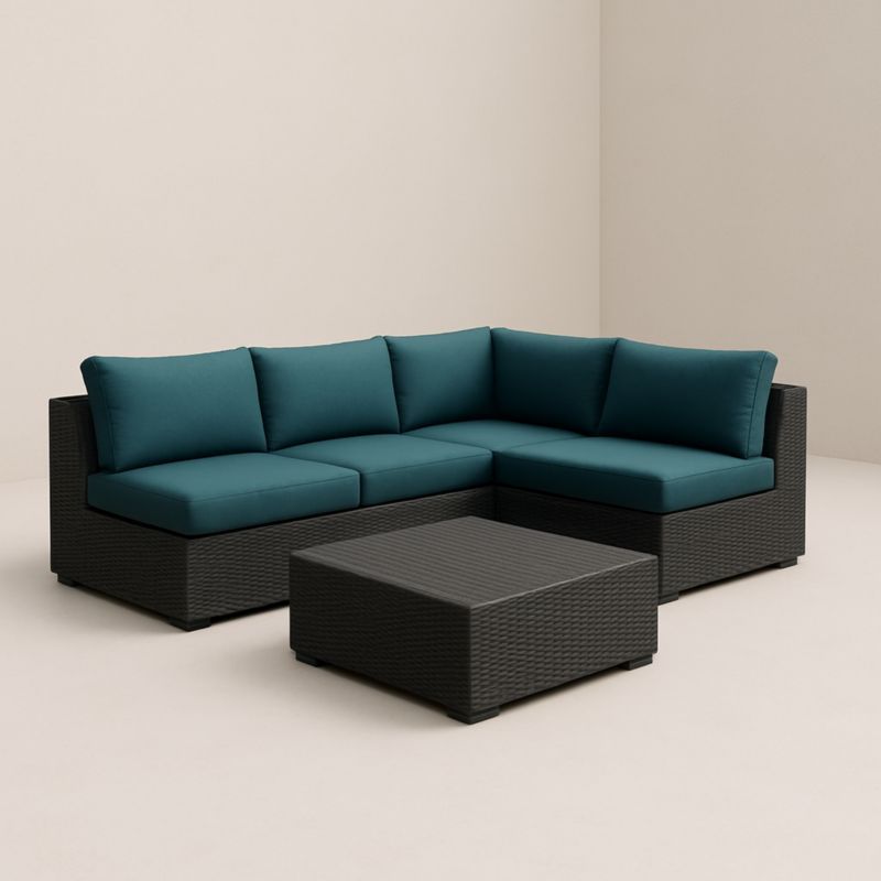 Set Divano Angolare da Esterno in Rattan Nero Cuscini Blu Oltremare