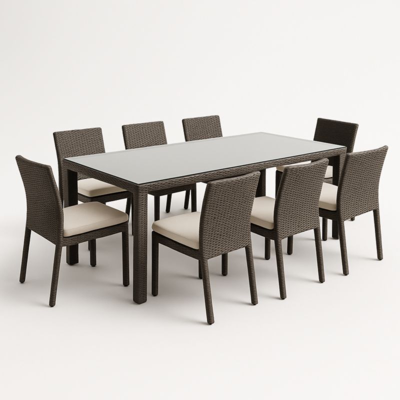 Set Tavolo da Pranzo in Rattan con 8 Sedie e Cuscini Beige