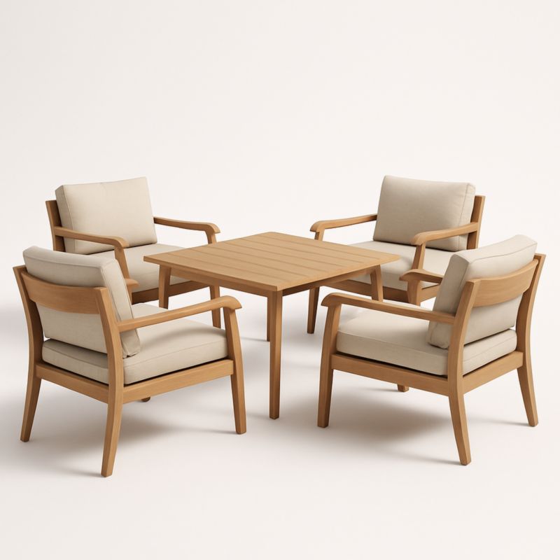 Set tavolo e sedie in legno con cuscini beige