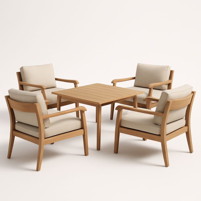 Set tavolo e sedie in legno con cuscini beige