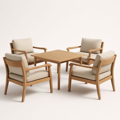 Set tavolo e sedie in legno con cuscini beige