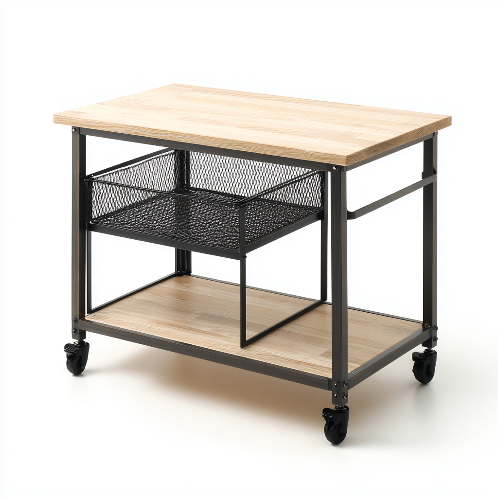 Desserte métal et bois 100x55x85 cm - noir-bois naturel - chariot de cuisine à roulettes avec panier grillagé-Abodearo