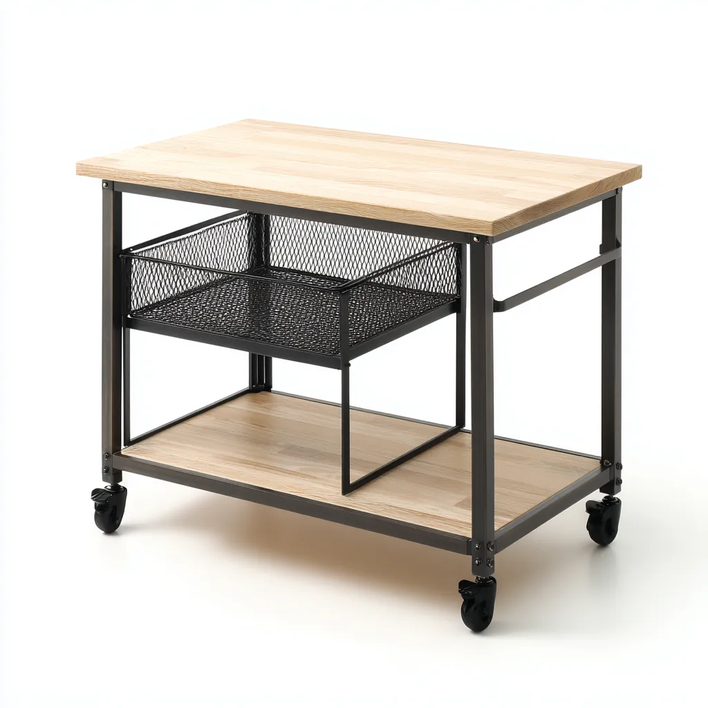 Desserte métal et bois 100x55x85 cm - noir-bois naturel - chariot de cuisine à roulettes avec panier grillagé-Abodearo