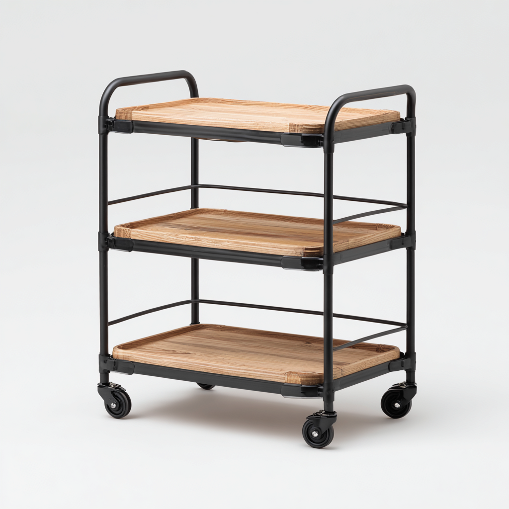 Desserte 3 niveaux métal et bois 60x35x90 cm - noir-bois clair - chariot de rangement moderne-Abodearo