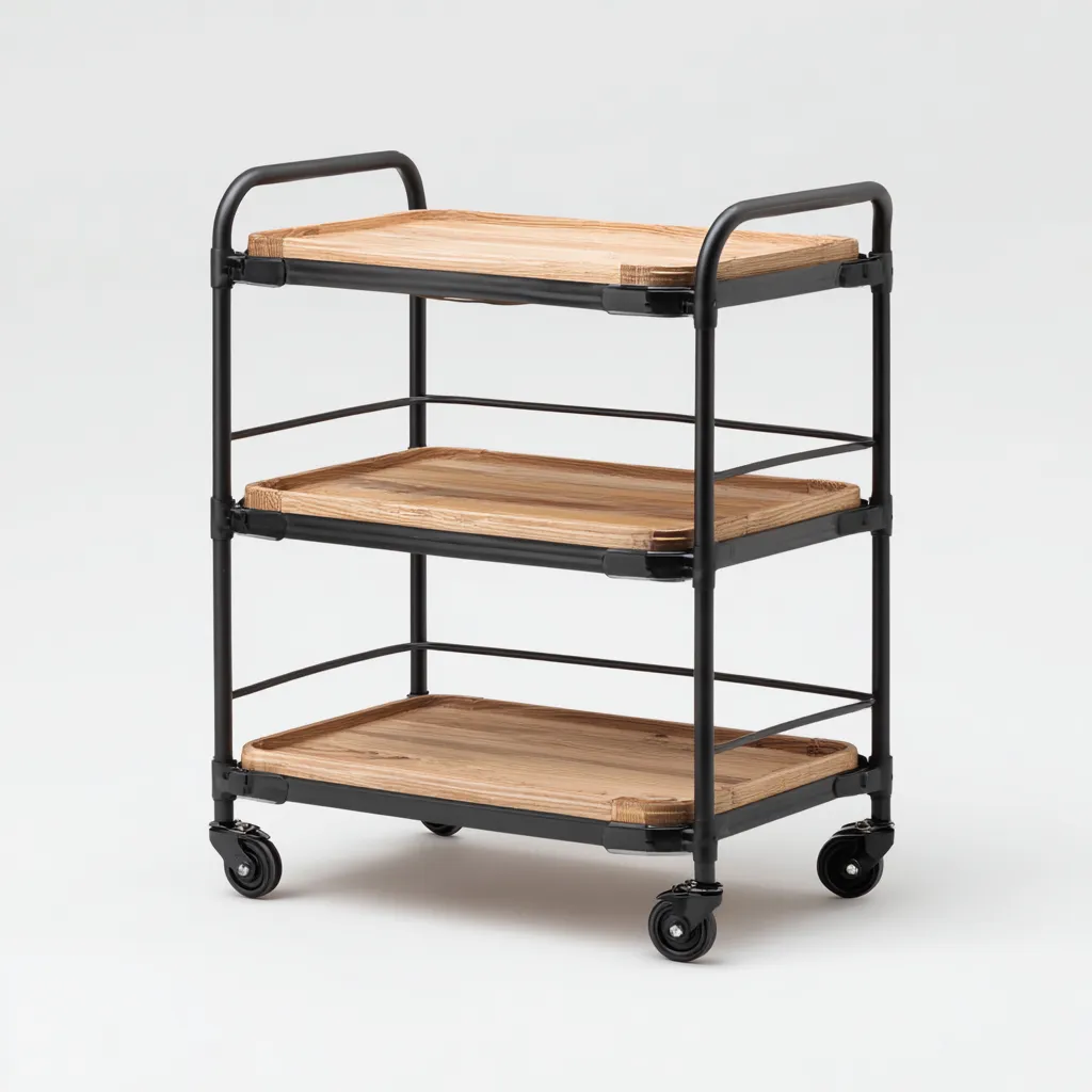 Desserte 3 niveaux métal et bois 60x35x90 cm - noir-bois clair - chariot de rangement moderne-Abodearo