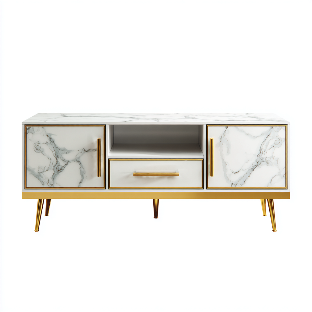 Meuble TV en panneau imitation marbre 140x40x55 cm - blanc marbré - style moderne-Abodearo