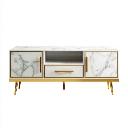 Meuble TV en panneau imitation marbre 140x40x55 cm - blanc marbré - style moderne-Abodearo