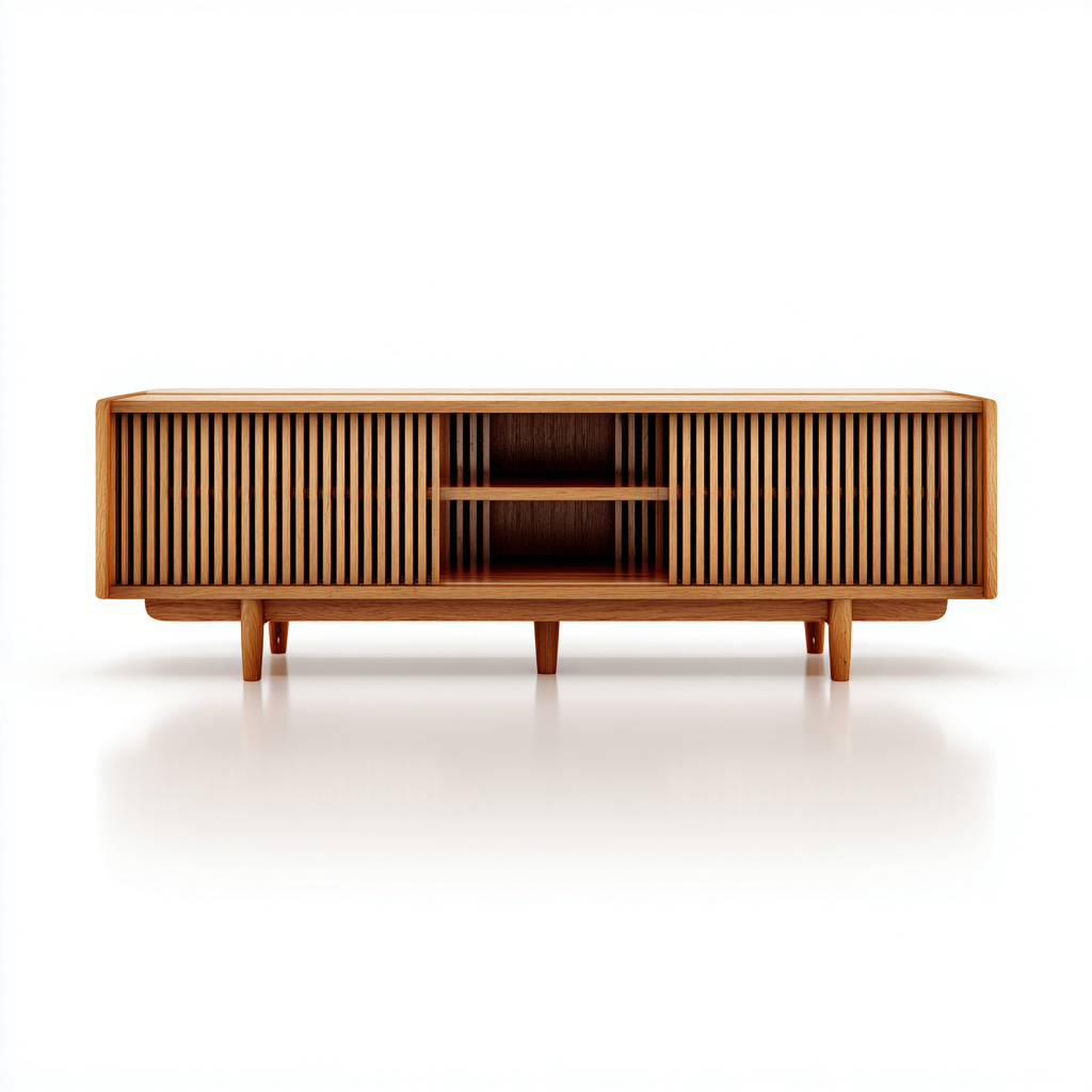 Meuble TV en bois 150x40x55 cm - bois clair - style mid-century-Abodearo
