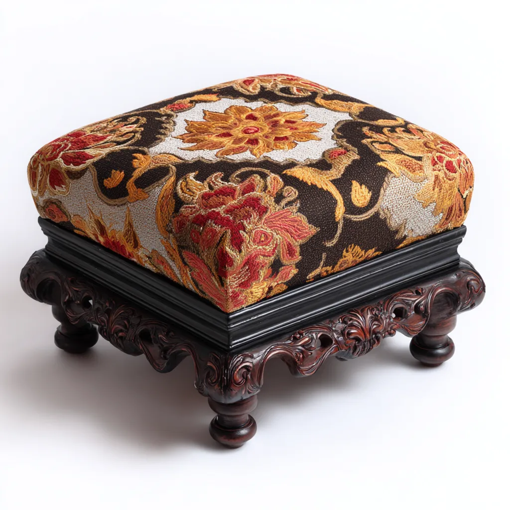 Pouf en bois sculpté avec assise tissu brodé 40x40x30 cm - multicolore - style classique-Abodearo