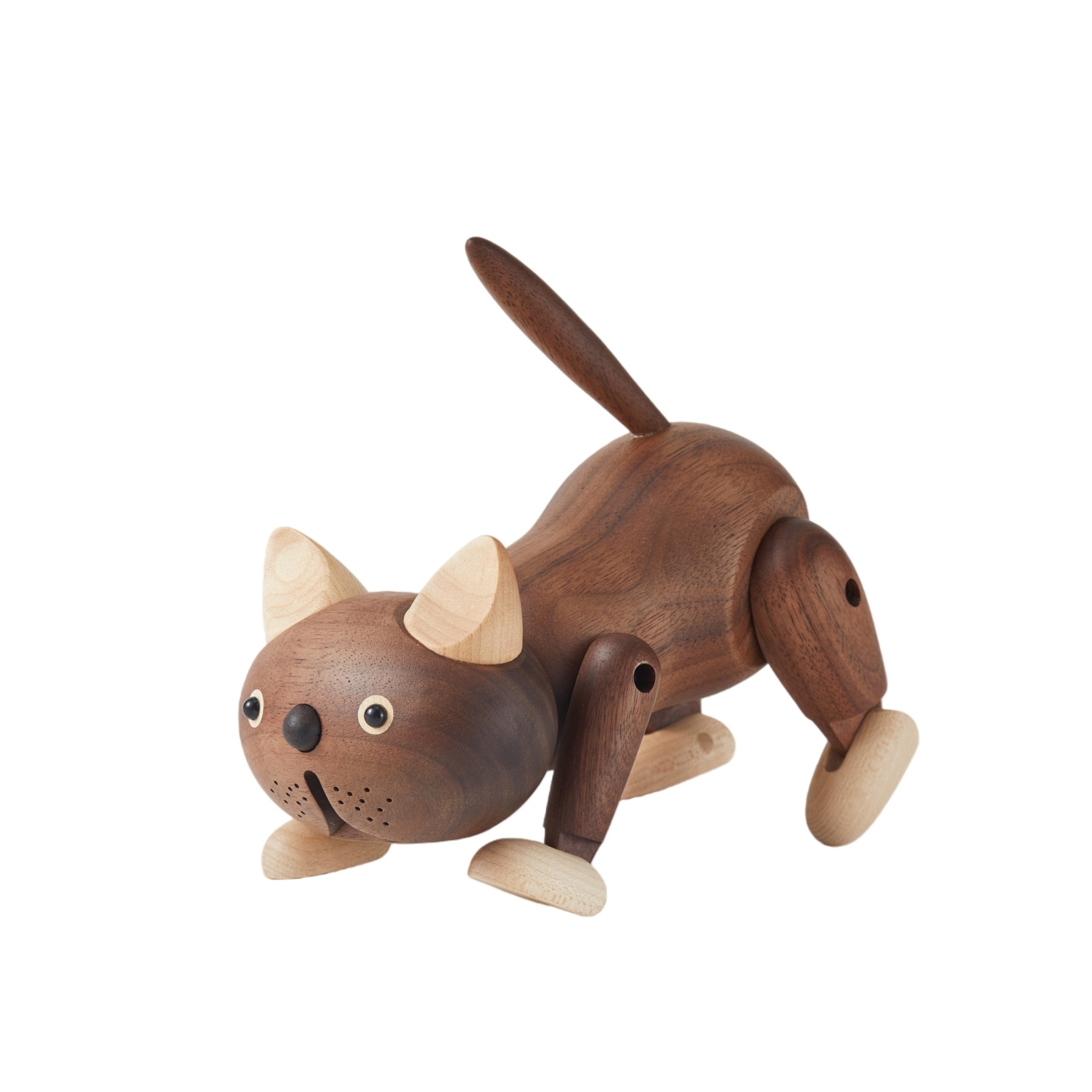 Handcrafted Wooden Robot Cat Figurine with Playful, Thoughtful Character