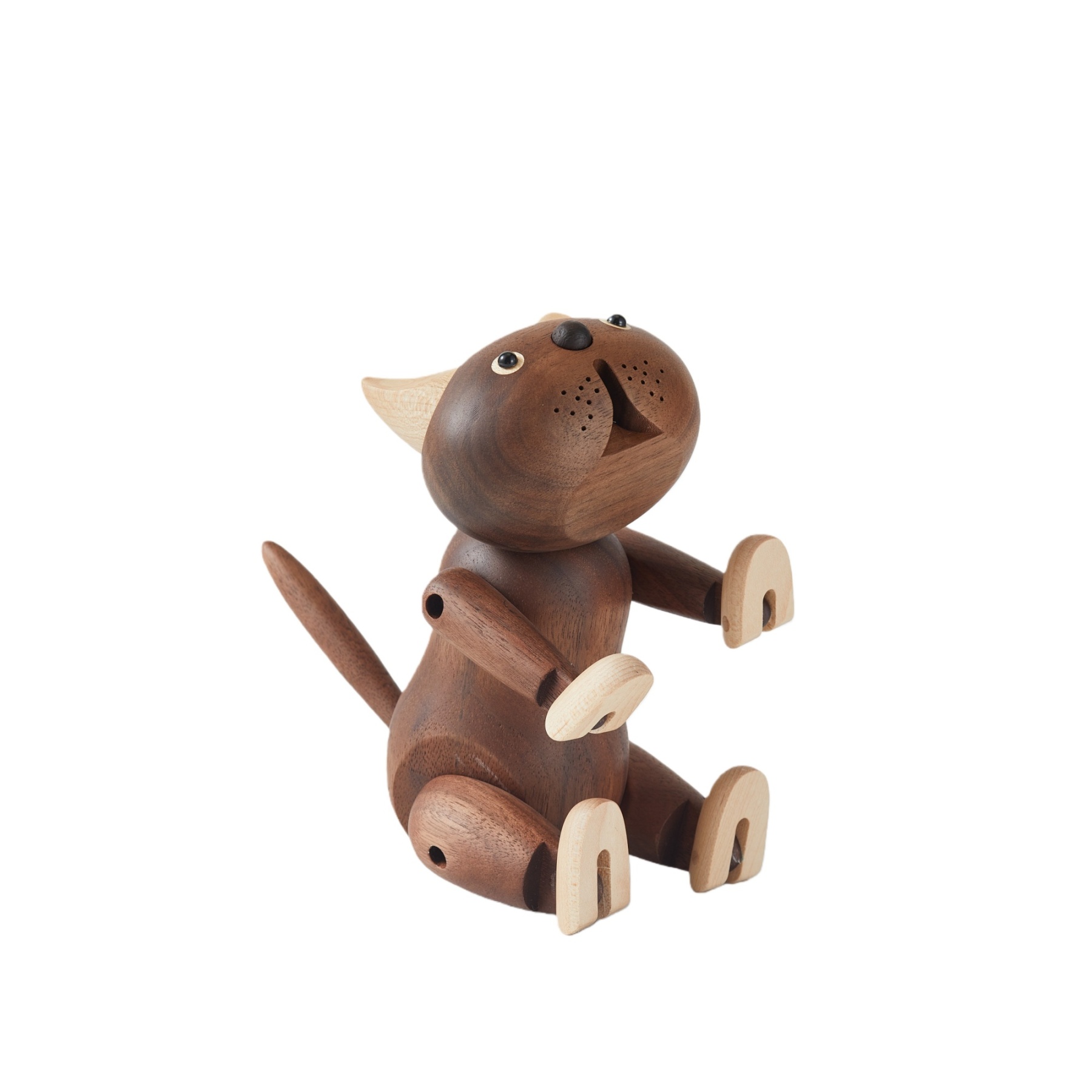 Handcrafted Wooden Robot Cat Figurine with Playful, Thoughtful Character