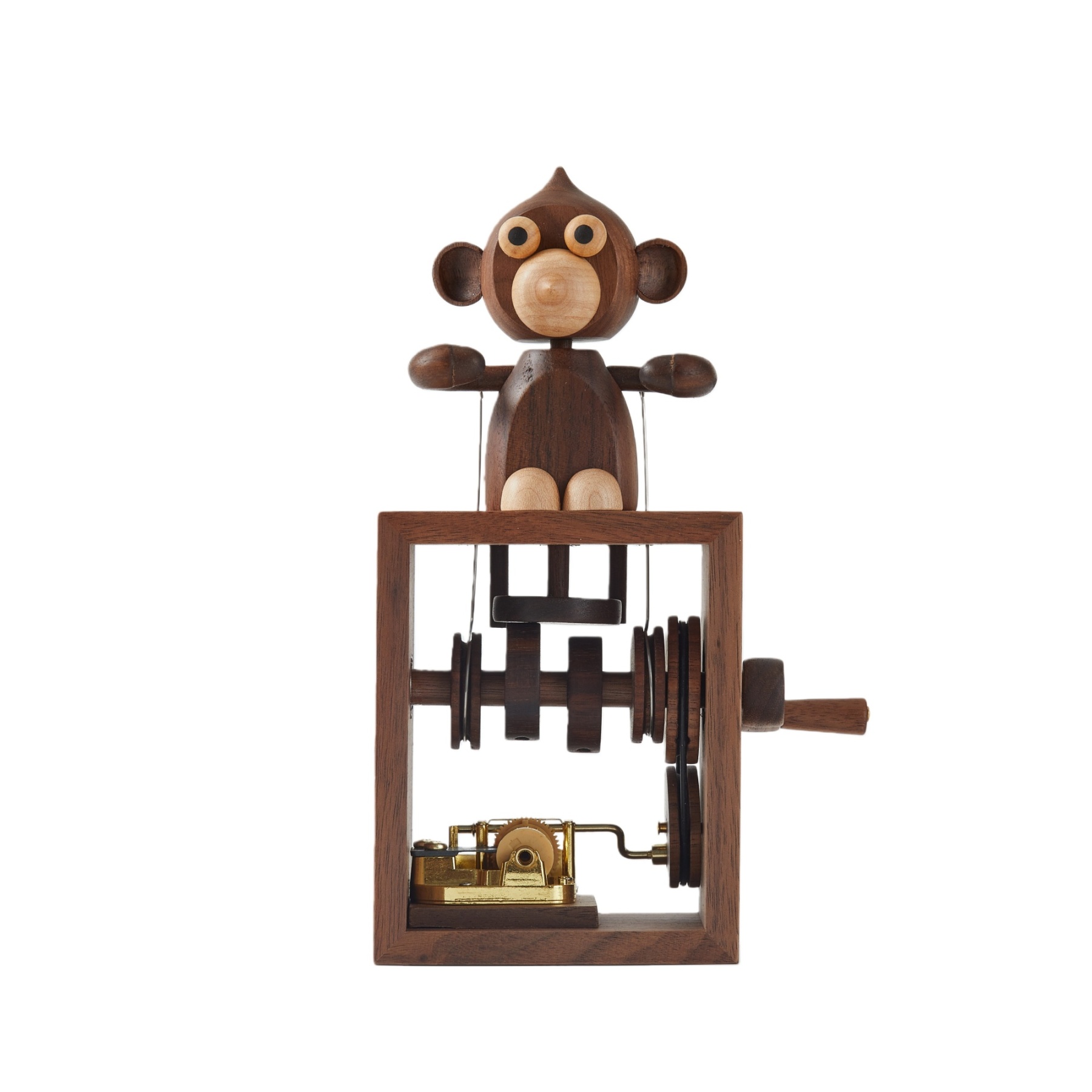 Handcrafted wooden monkey hand crank music box, plays Castle in the Sky
