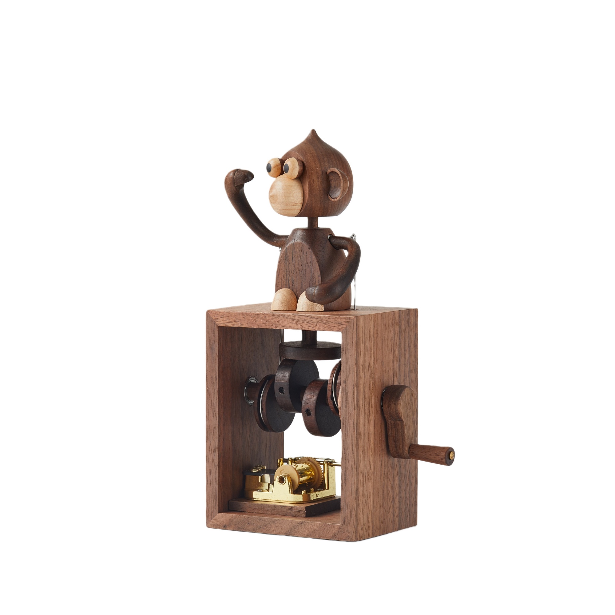 Wooden monkey music box displayed as decorative collectible