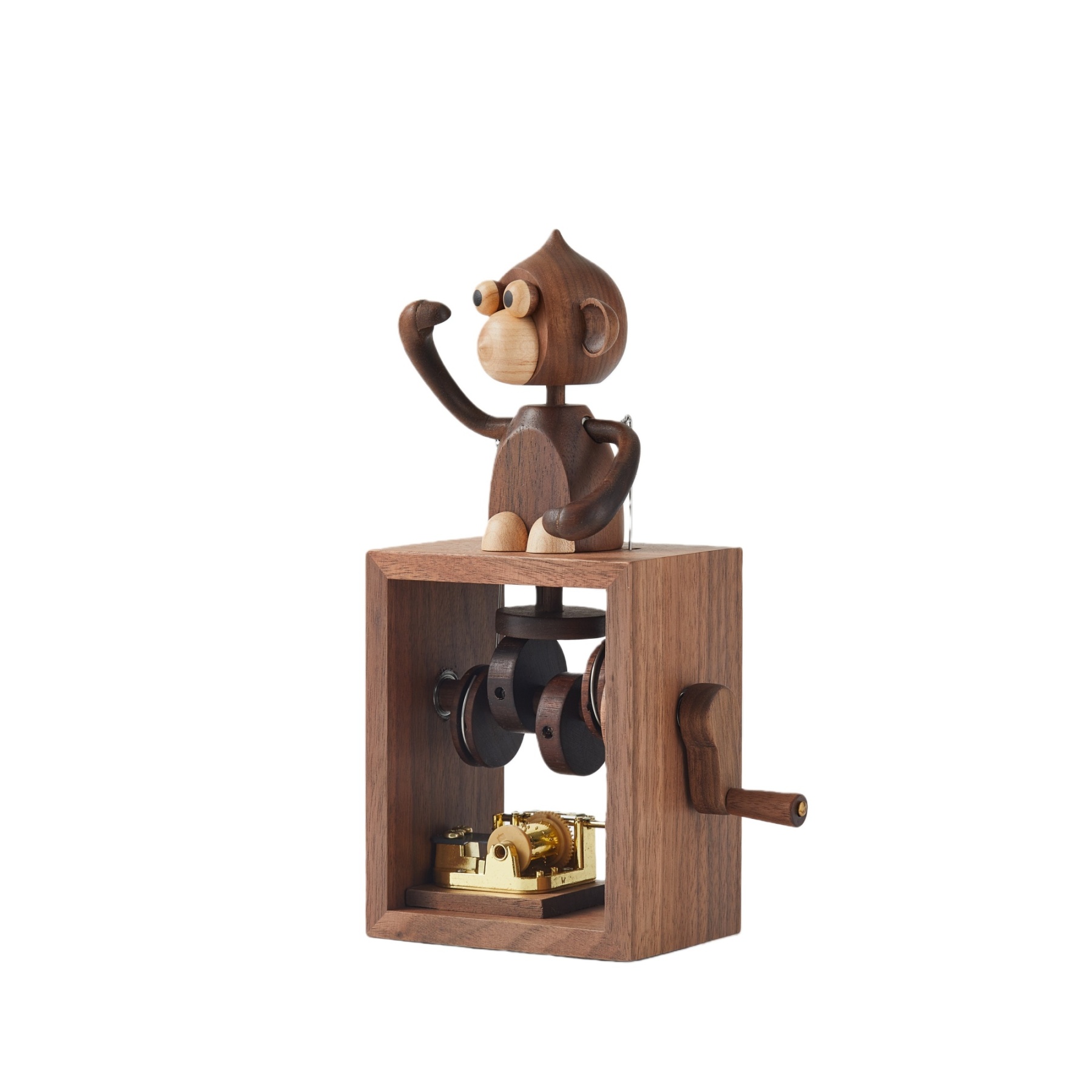 Wooden monkey music box displayed as decorative collectible