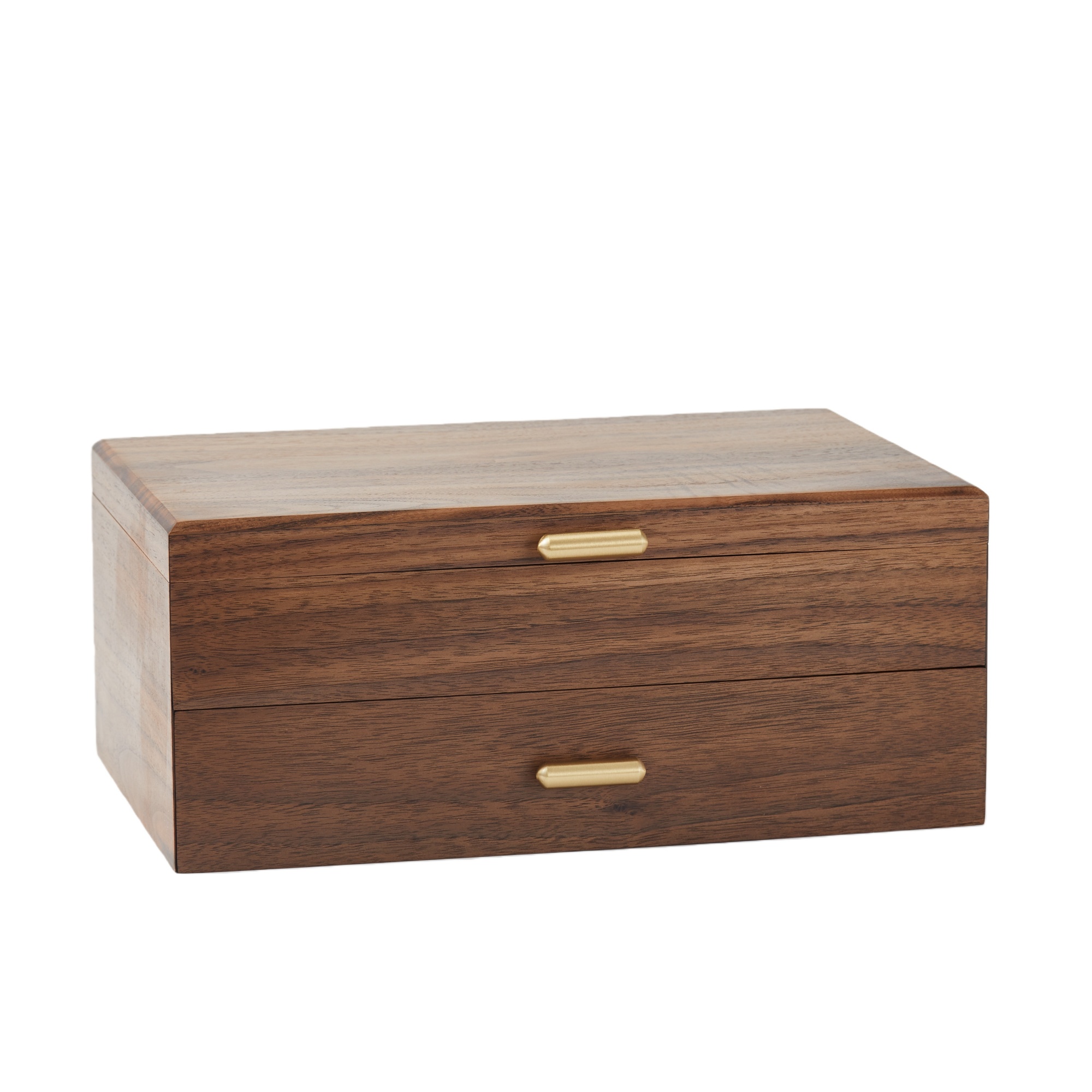 Walnut wood jewelry box with brass hardware displayed on dresser