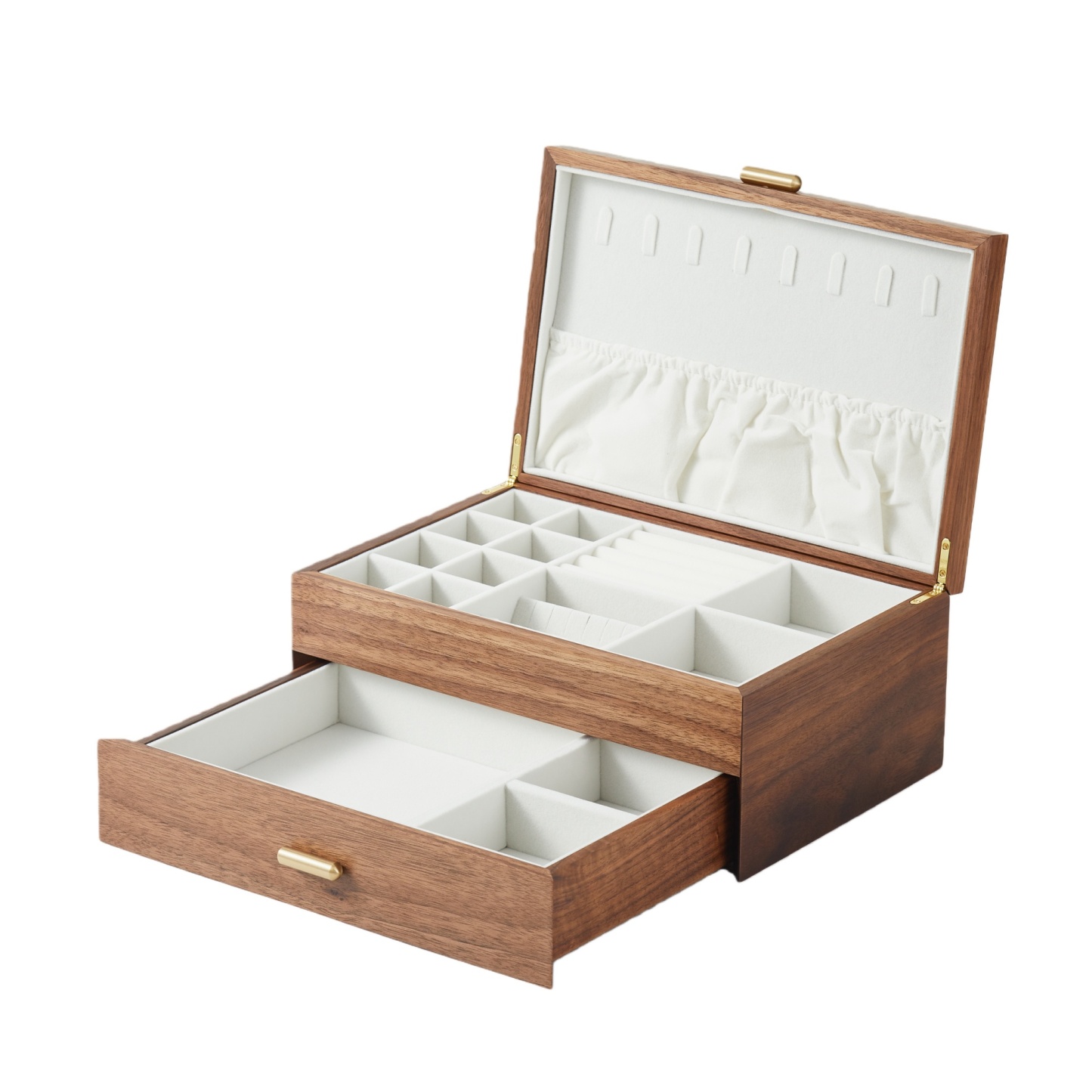 Interior compartments of handcrafted walnut wood jewelry box