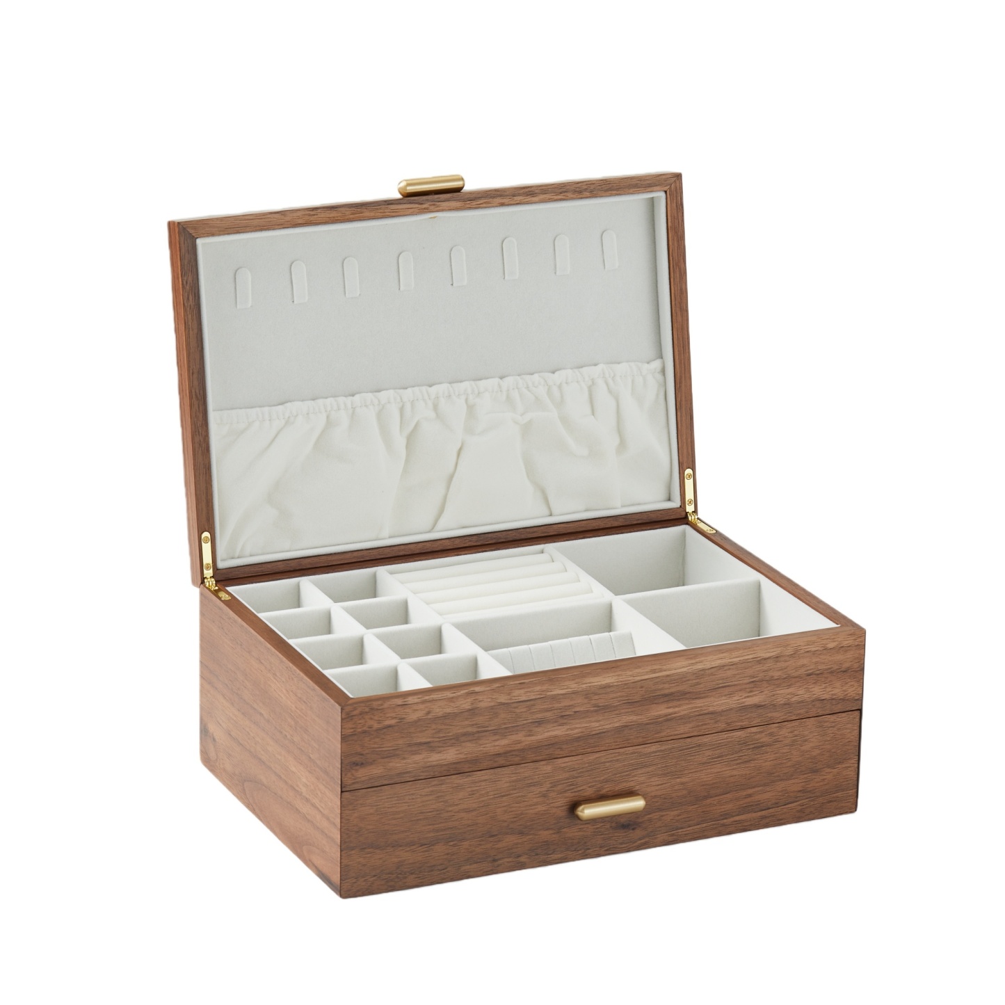 Handcrafted Walnut Wood Jewelry Box with Brass Details – Double Layer