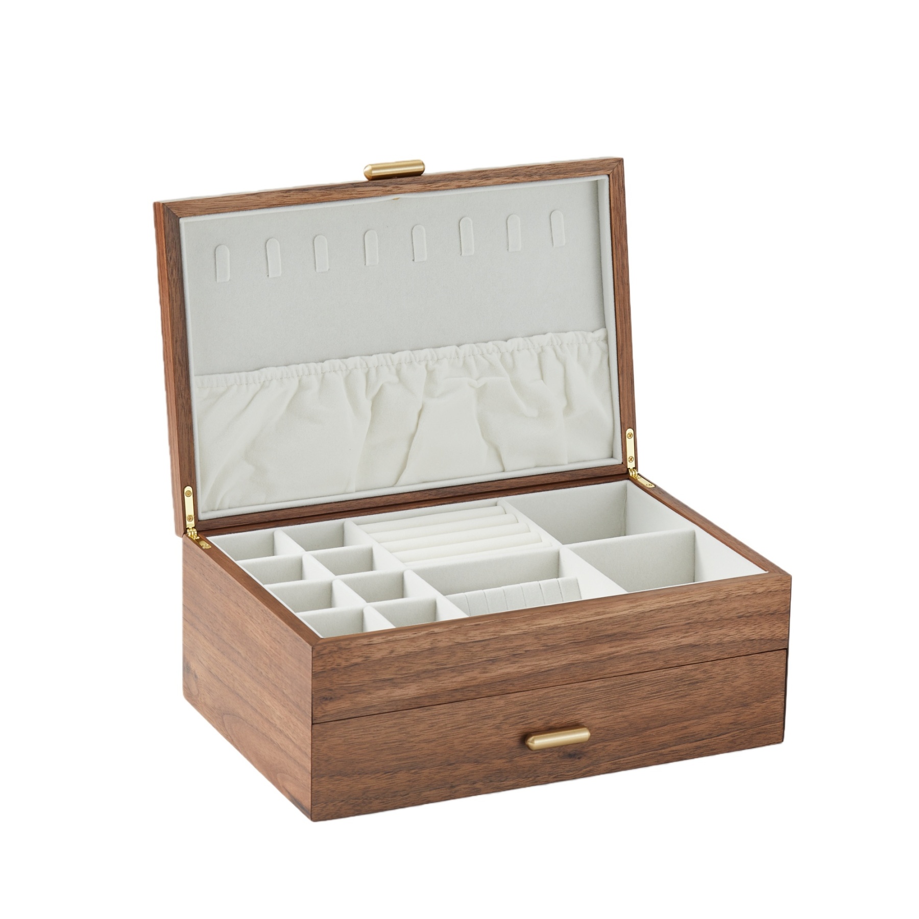 Handcrafted Walnut Wood Jewelry Box with Brass Details – Double Layer