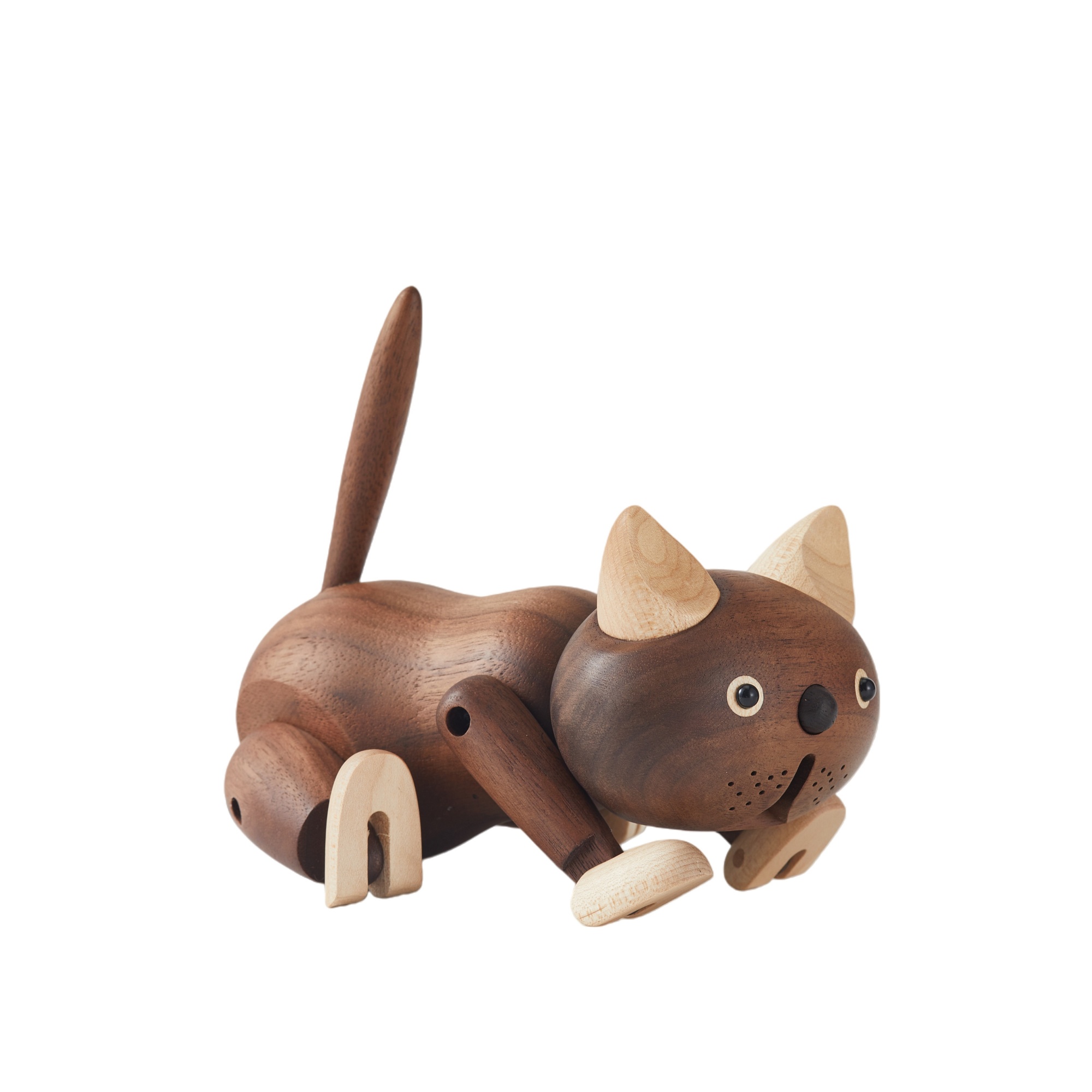 Handcrafted wooden robot cat figurine displayed as modern home decor