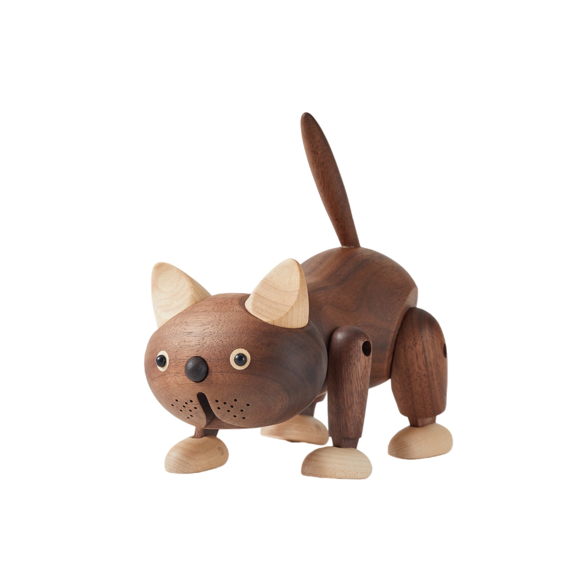 Handcrafted walnut and maple wood robot cat figurine with minimalist design