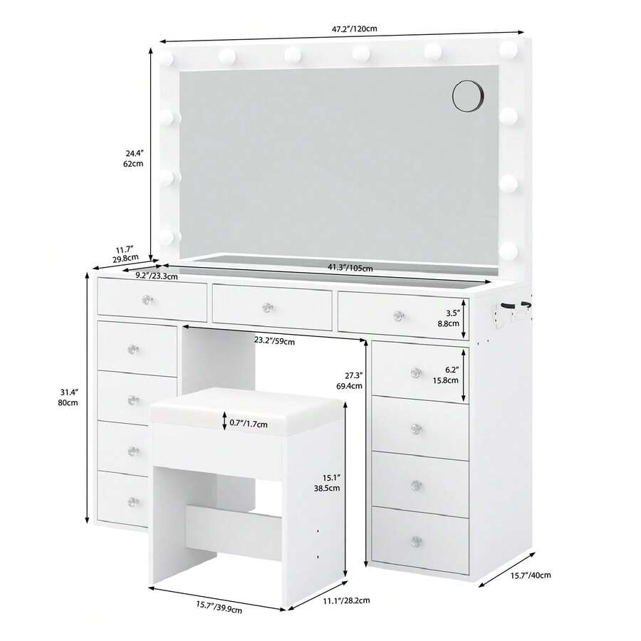 Makeup Vanity Desk With Mirror & 12 LED Lights, Vanity Table With 11 Drawers, Power Outlet & Chair, 3 Lighting Modes Adjustable, White
