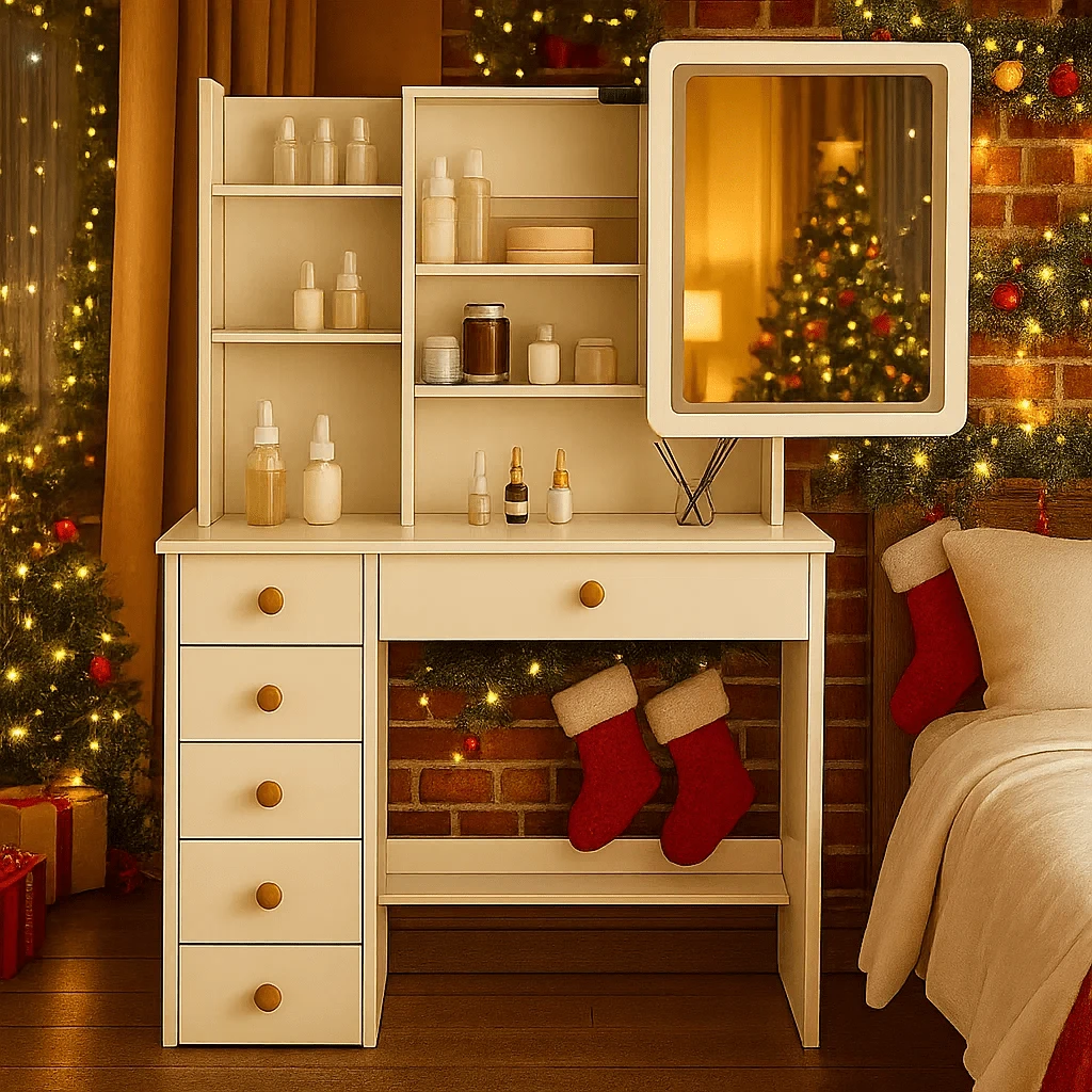 Elegant White Makeup Vanity Desk With Sliding  Mirror , 5-Drawer Dressing Table Set With Stool, Storage Shelves – Modern Space-Saving Vanity Table For Bedroom, Perfect Gift For Women, Wife, Mom (Birthday, Christmas, Mother's Day)