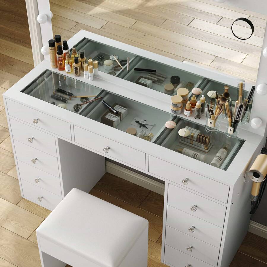 Makeup Vanity Desk With Mirror & 12 LED Lights, Vanity Table With 11 Drawers, Power Outlet & Chair, 3 Lighting Modes Adjustable, White