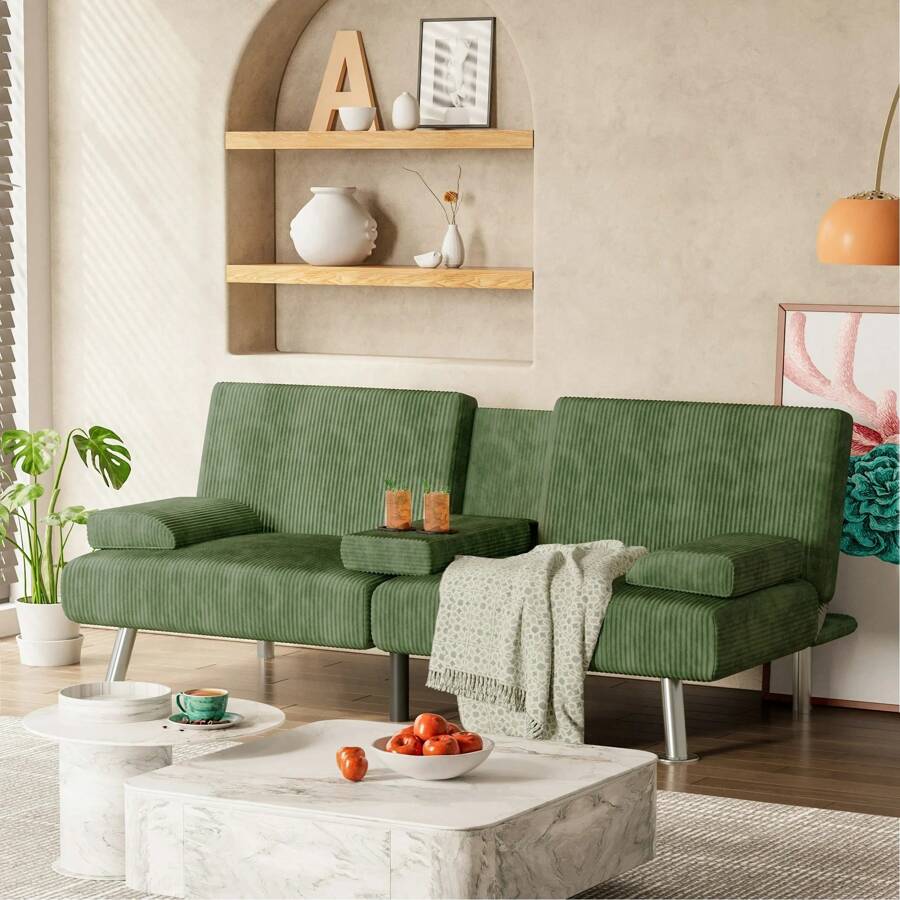 Modern Faux Leather Futon Sofa Bed For Living Room Convertible Folding Adjustable Recliner With 2 Cup Holders