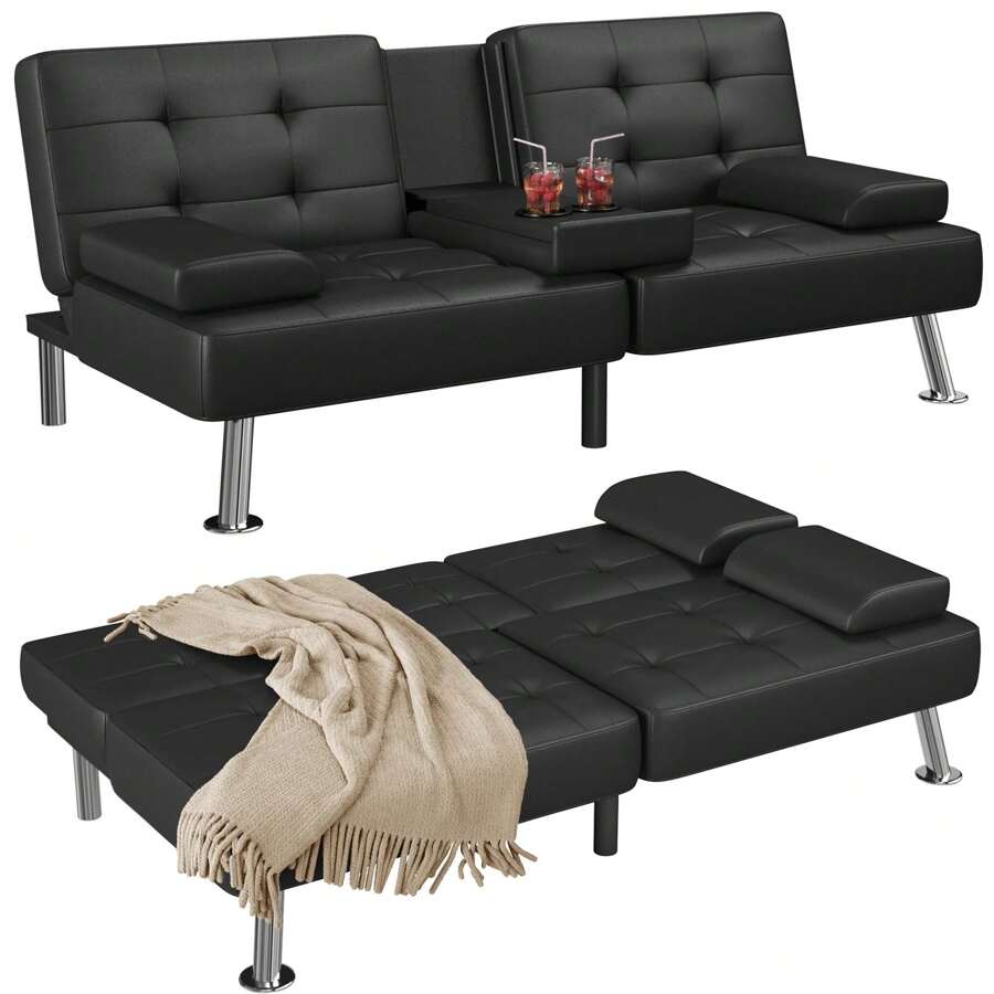 Modern Faux Leather Futon Sofa Bed For Living Room Convertible Folding Adjustable Recliner With 2 Cup Holders