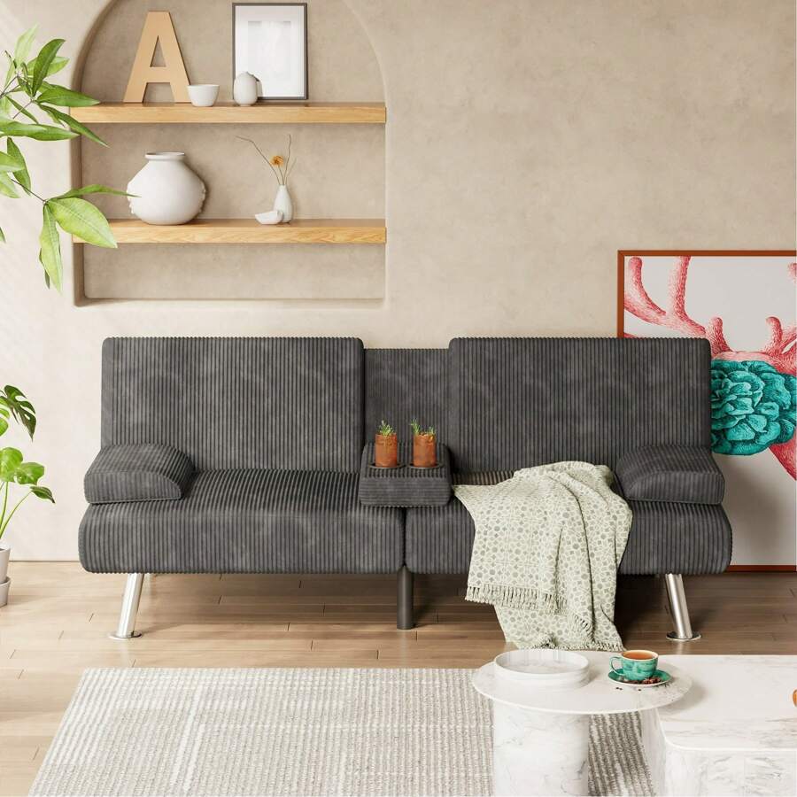 Modern Faux Leather Futon Sofa Bed For Living Room Convertible Folding Adjustable Recliner With 2 Cup Holders