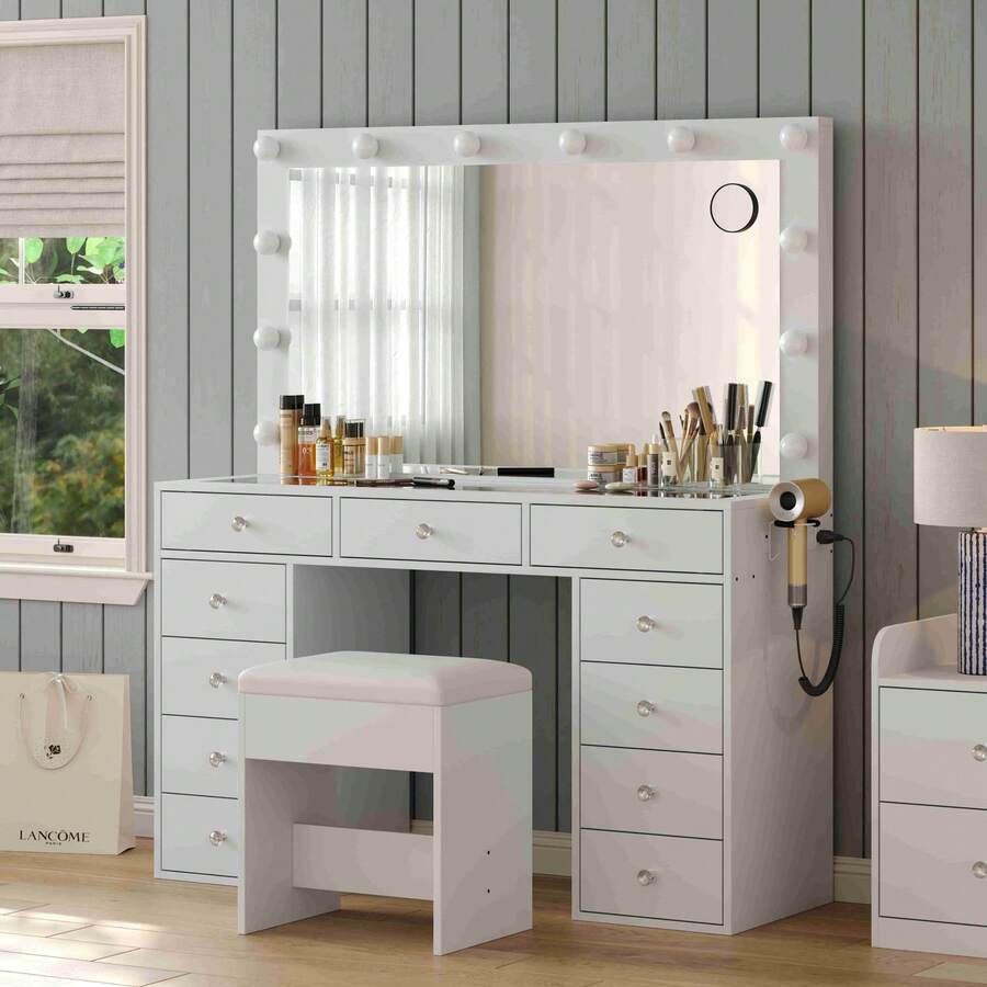 Makeup Vanity Desk With Mirror & 12 LED Lights, Vanity Table With 11 Drawers, Power Outlet & Chair, 3 Lighting Modes Adjustable, White
