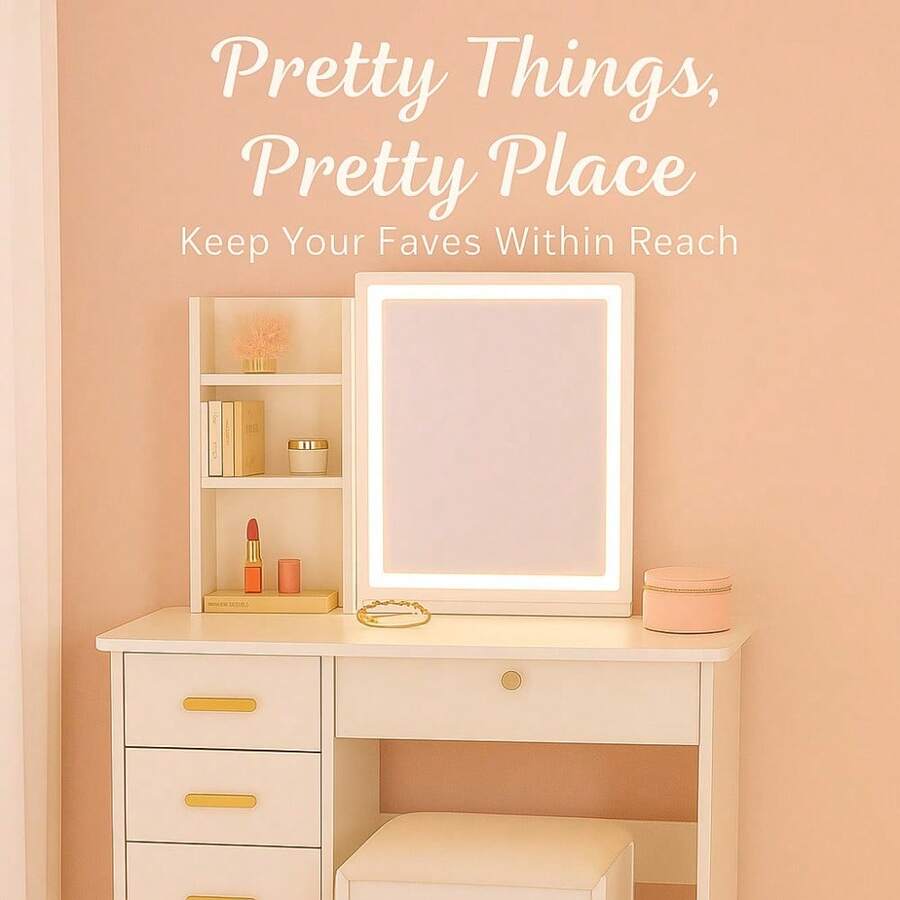 Elegant White Makeup Vanity Desk With Sliding  Mirror , 5-Drawer Dressing Table Set With Stool, Storage Shelves – Modern Space-Saving Vanity Table For Bedroom, Perfect Gift For Women, Wife, Mom (Birthday, Christmas, Mother's Day)