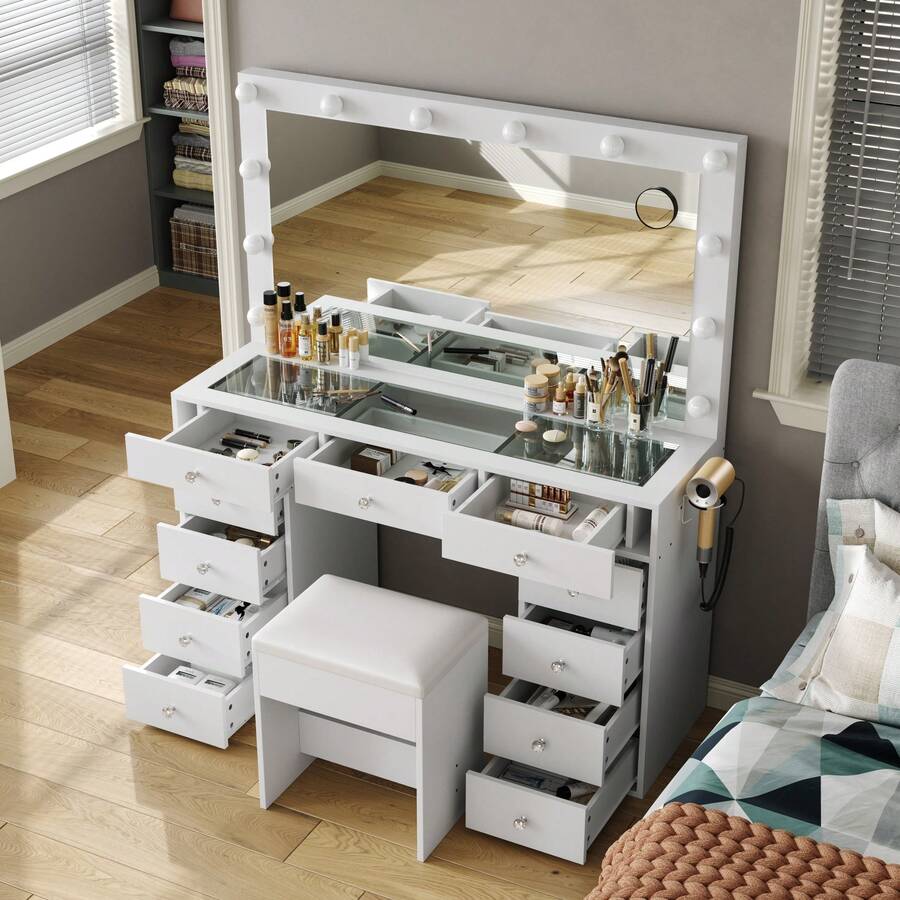 Makeup Vanity Desk With Mirror & 12 LED Lights, Vanity Table With 11 Drawers, Power Outlet & Chair, 3 Lighting Modes Adjustable, White