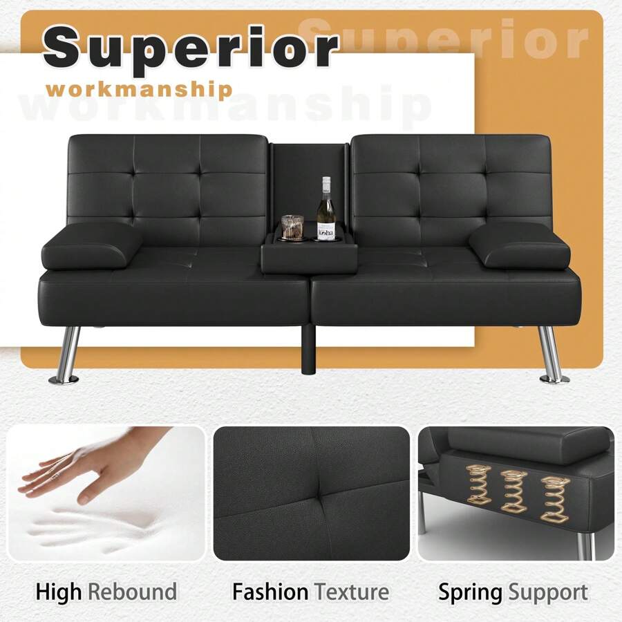 Modern Faux Leather Futon Sofa Bed For Living Room Convertible Folding Adjustable Recliner With 2 Cup Holders