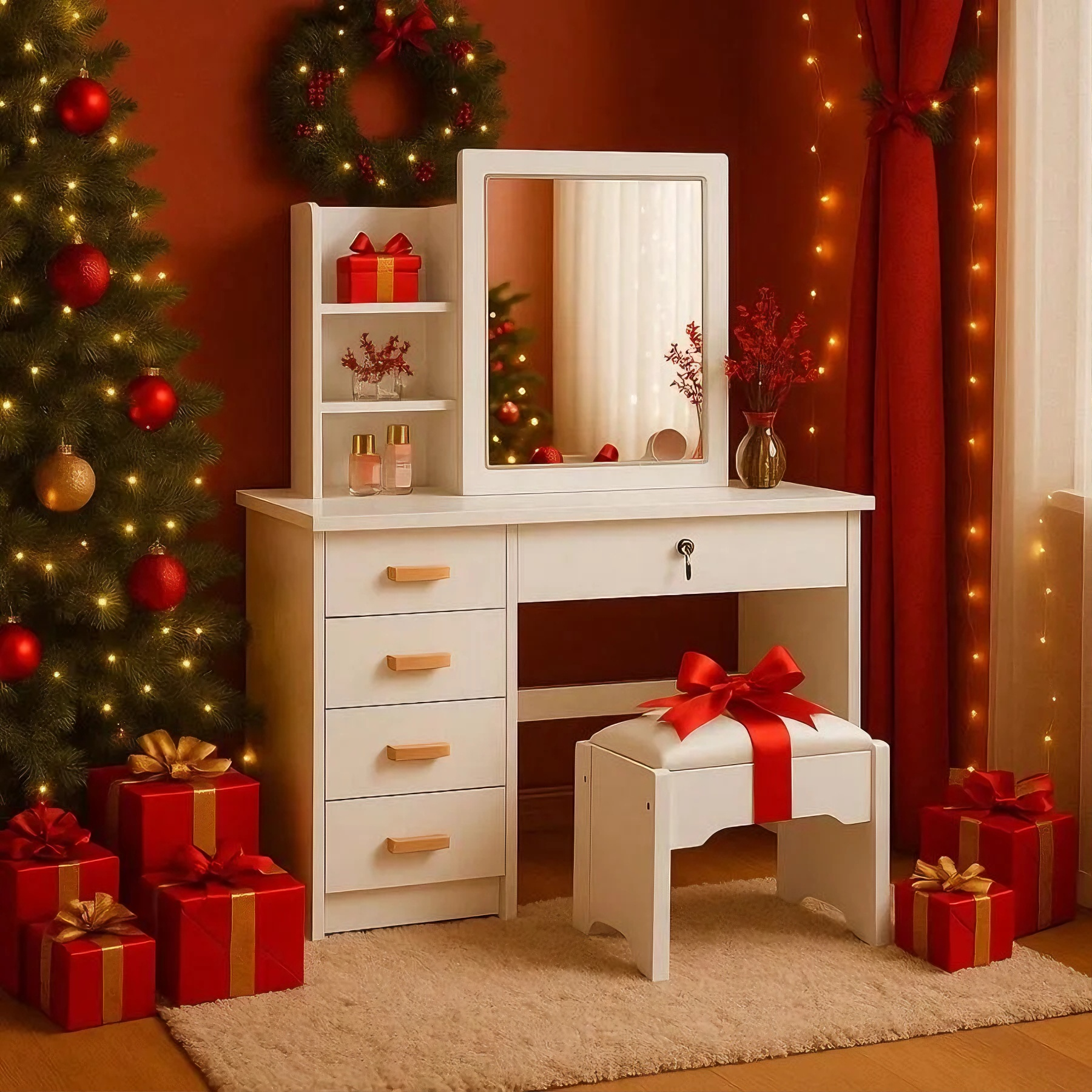 Elegant White Makeup Vanity Desk With Sliding  Mirror , 5-Drawer Dressing Table Set With Stool, Storage Shelves – Modern Space-Saving Vanity Table For Bedroom, Perfect Gift For Women, Wife, Mom (Birthday, Christmas, Mother's Day)