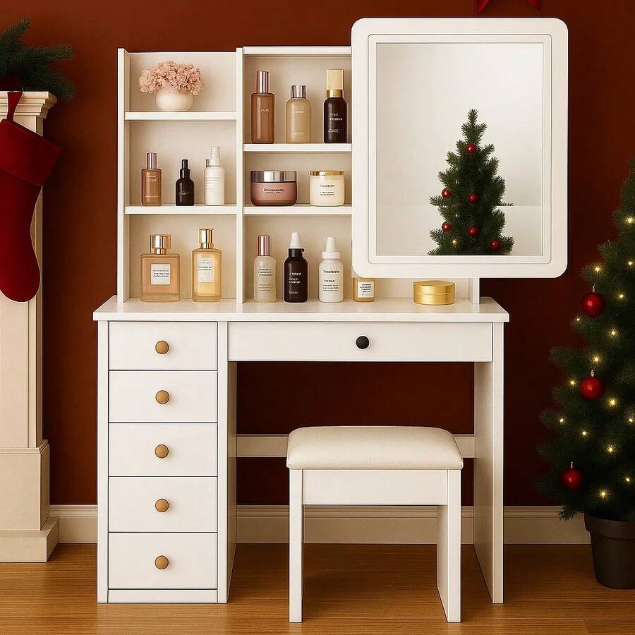 Elegant White Makeup Vanity Desk With Sliding  Mirror , 5-Drawer Dressing Table Set With Stool, Storage Shelves – Modern Space-Saving Vanity Table For Bedroom, Perfect Gift For Women, Wife, Mom (Birthday, Christmas, Mother's Day)