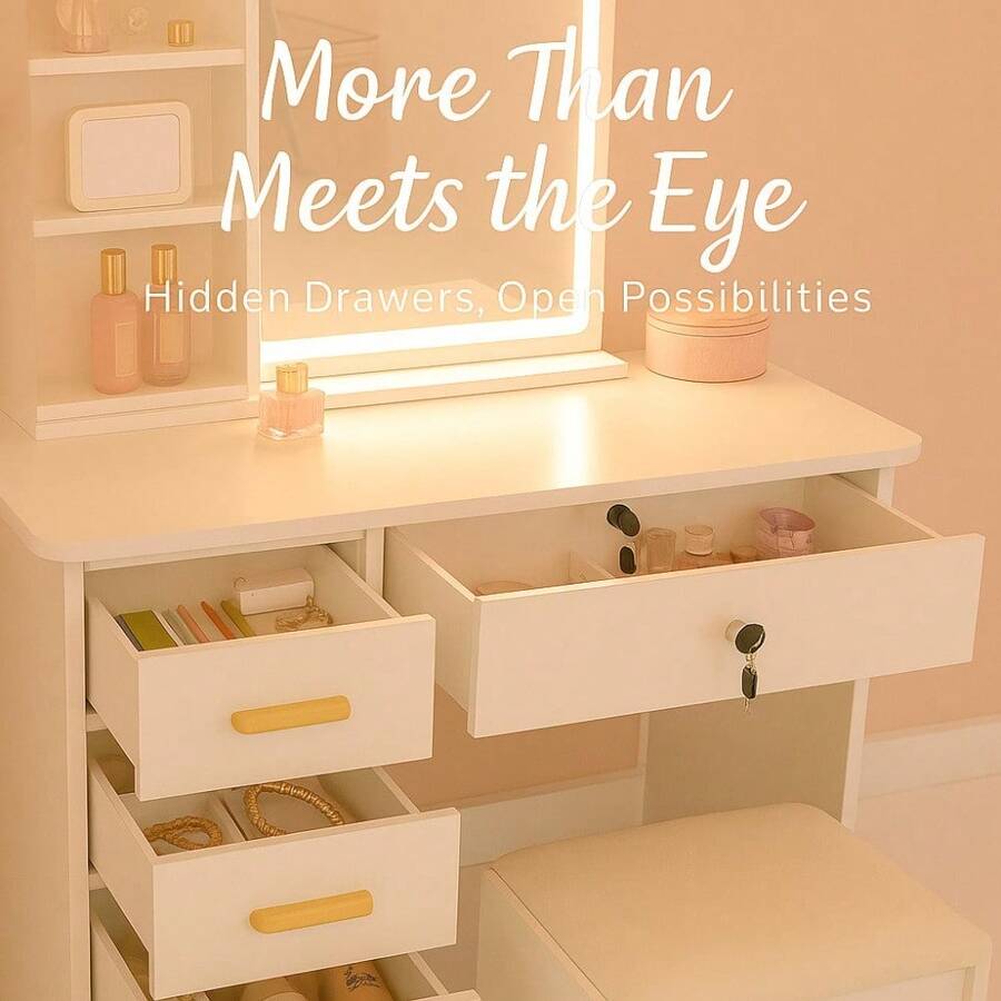 Elegant White Makeup Vanity Desk With Sliding  Mirror , 5-Drawer Dressing Table Set With Stool, Storage Shelves – Modern Space-Saving Vanity Table For Bedroom, Perfect Gift For Women, Wife, Mom (Birthday, Christmas, Mother's Day)