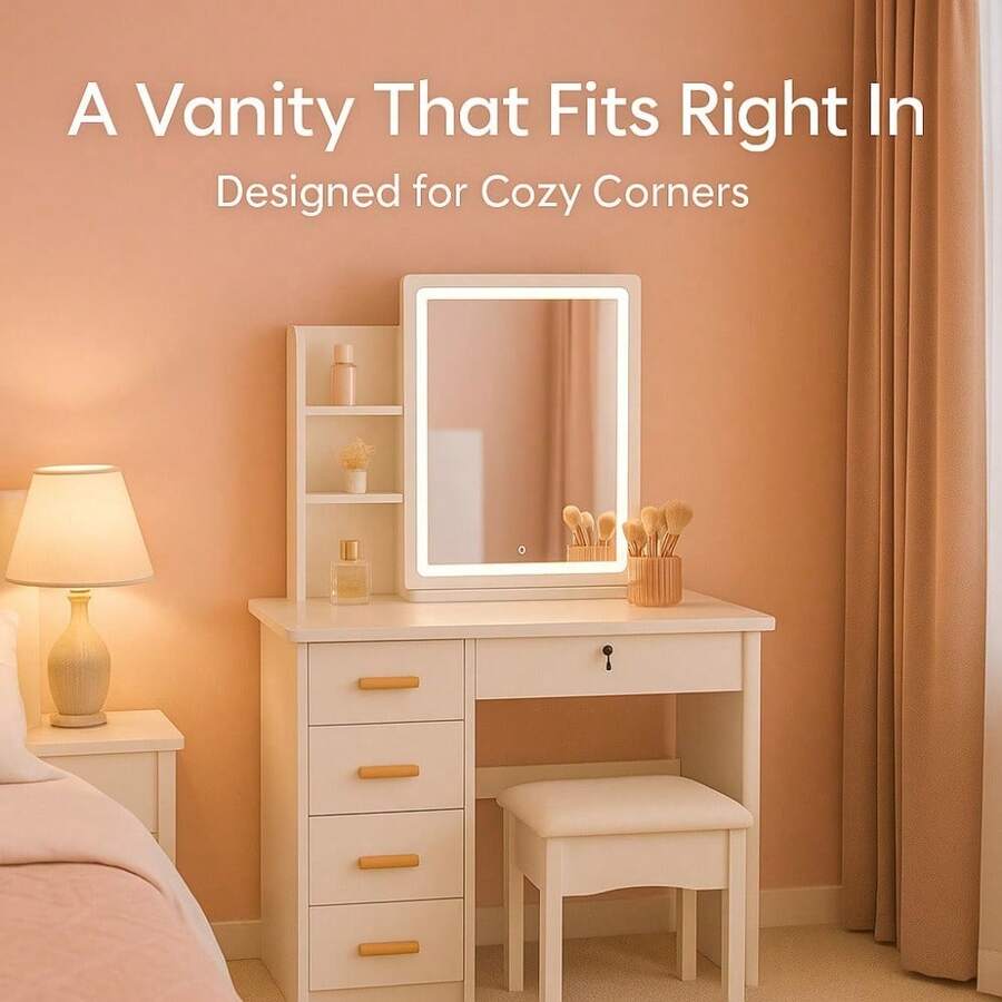 Elegant White Makeup Vanity Desk With Sliding  Mirror , 5-Drawer Dressing Table Set With Stool, Storage Shelves – Modern Space-Saving Vanity Table For Bedroom, Perfect Gift For Women, Wife, Mom (Birthday, Christmas, Mother's Day)