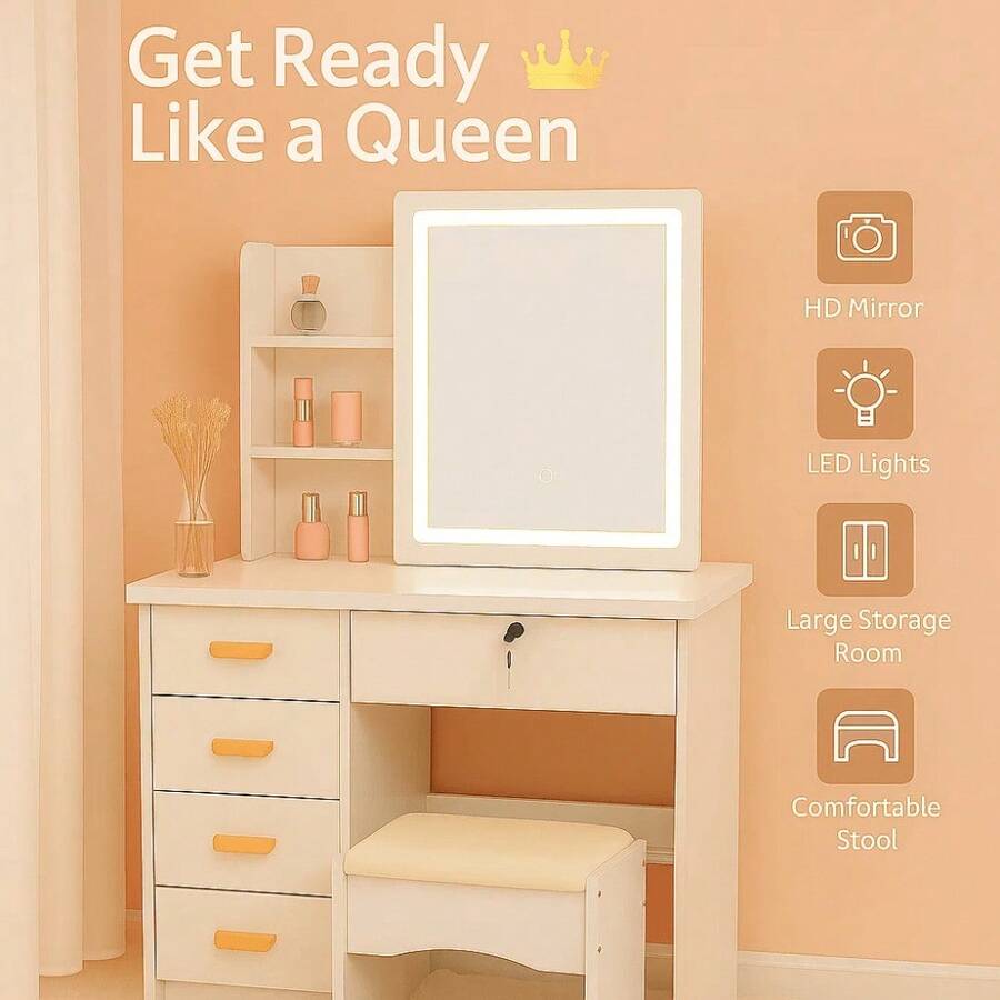 Elegant White Makeup Vanity Desk With Sliding  Mirror , 5-Drawer Dressing Table Set With Stool, Storage Shelves – Modern Space-Saving Vanity Table For Bedroom, Perfect Gift For Women, Wife, Mom (Birthday, Christmas, Mother's Day)