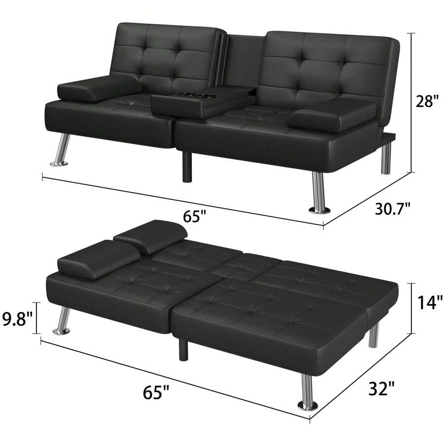 Modern Faux Leather Futon Sofa Bed For Living Room Convertible Folding Adjustable Recliner With 2 Cup Holders