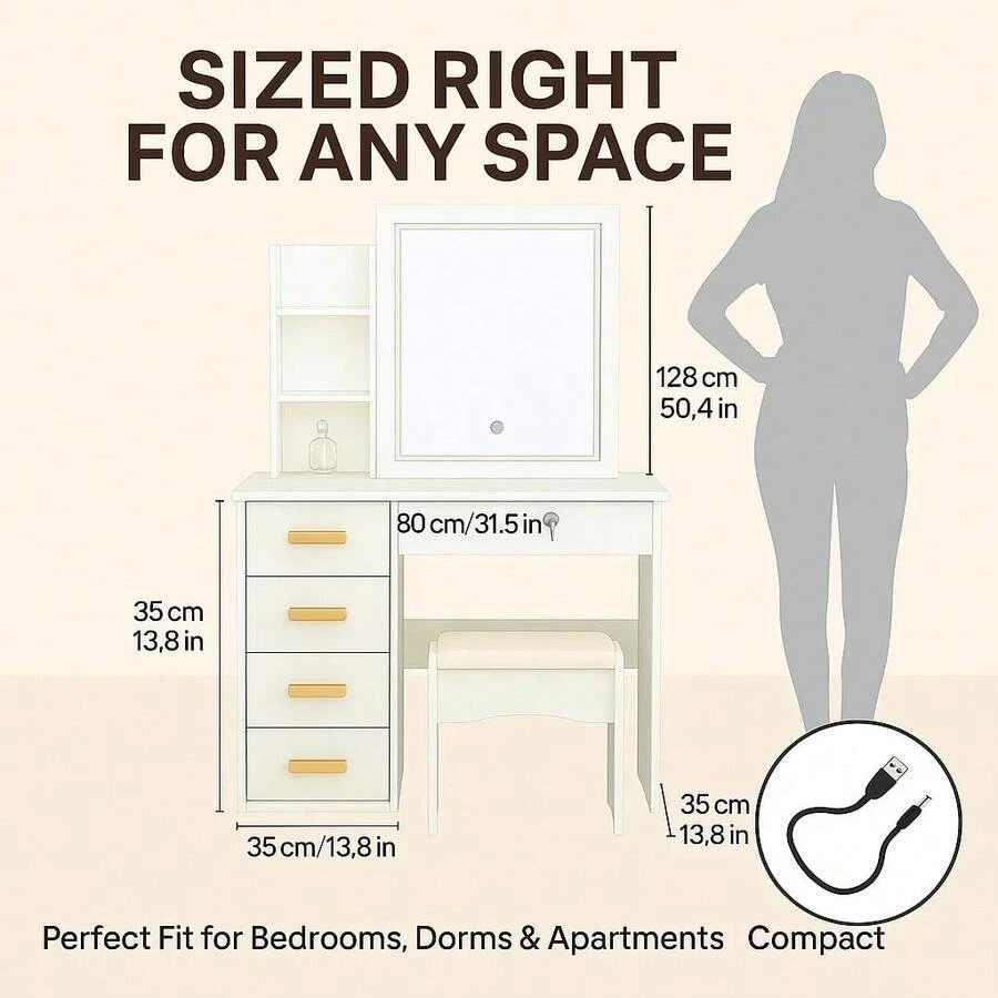 Elegant White Makeup Vanity Desk With Sliding  Mirror , 5-Drawer Dressing Table Set With Stool, Storage Shelves – Modern Space-Saving Vanity Table For Bedroom, Perfect Gift For Women, Wife, Mom (Birthday, Christmas, Mother's Day)