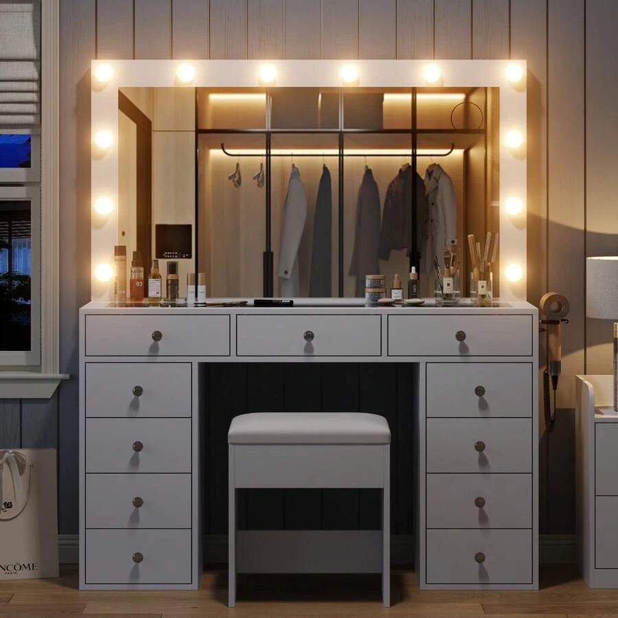 Makeup Vanity Desk With Mirror & 12 LED Lights, Vanity Table With 11 Drawers, Power Outlet & Chair, 3 Lighting Modes Adjustable, White