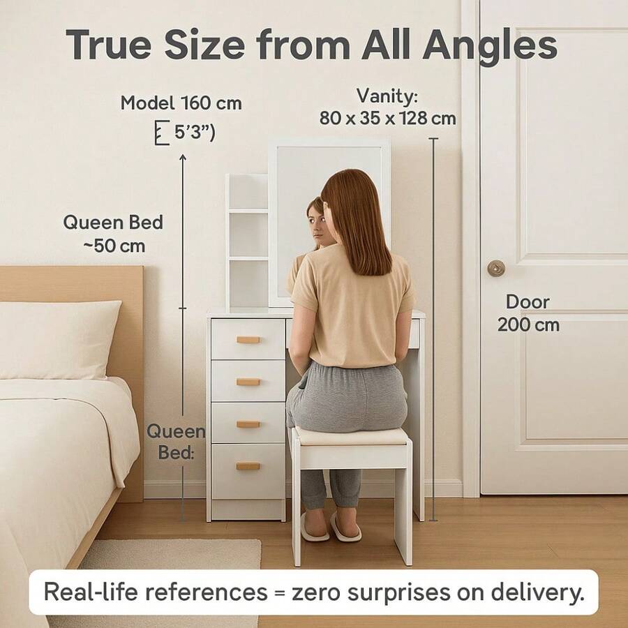 Elegant White Makeup Vanity Desk With Sliding  Mirror , 5-Drawer Dressing Table Set With Stool, Storage Shelves – Modern Space-Saving Vanity Table For Bedroom, Perfect Gift For Women, Wife, Mom (Birthday, Christmas, Mother's Day)