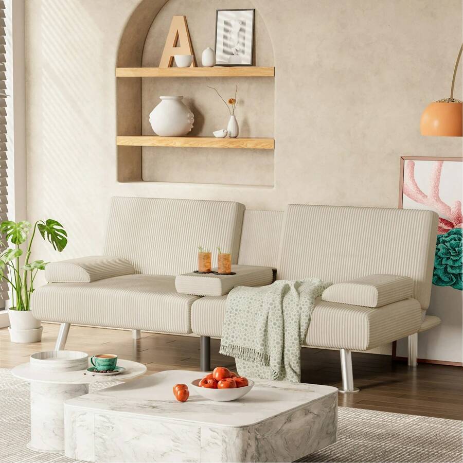 Modern Faux Leather Futon Sofa Bed For Living Room Convertible Folding Adjustable Recliner With 2 Cup Holders