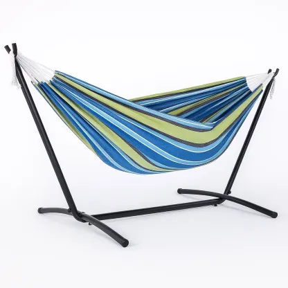 Hamac en coton avec support en acier rayures bleues et vertes-Sofimix