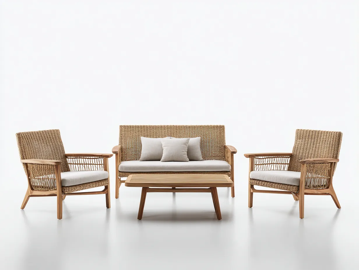 Outdoor-Sofa-Tisch-Set - Rattanholz - Sofa 160x75x80 cm - Natur/beige - für Outdoor - modernes Design-Abodeilo