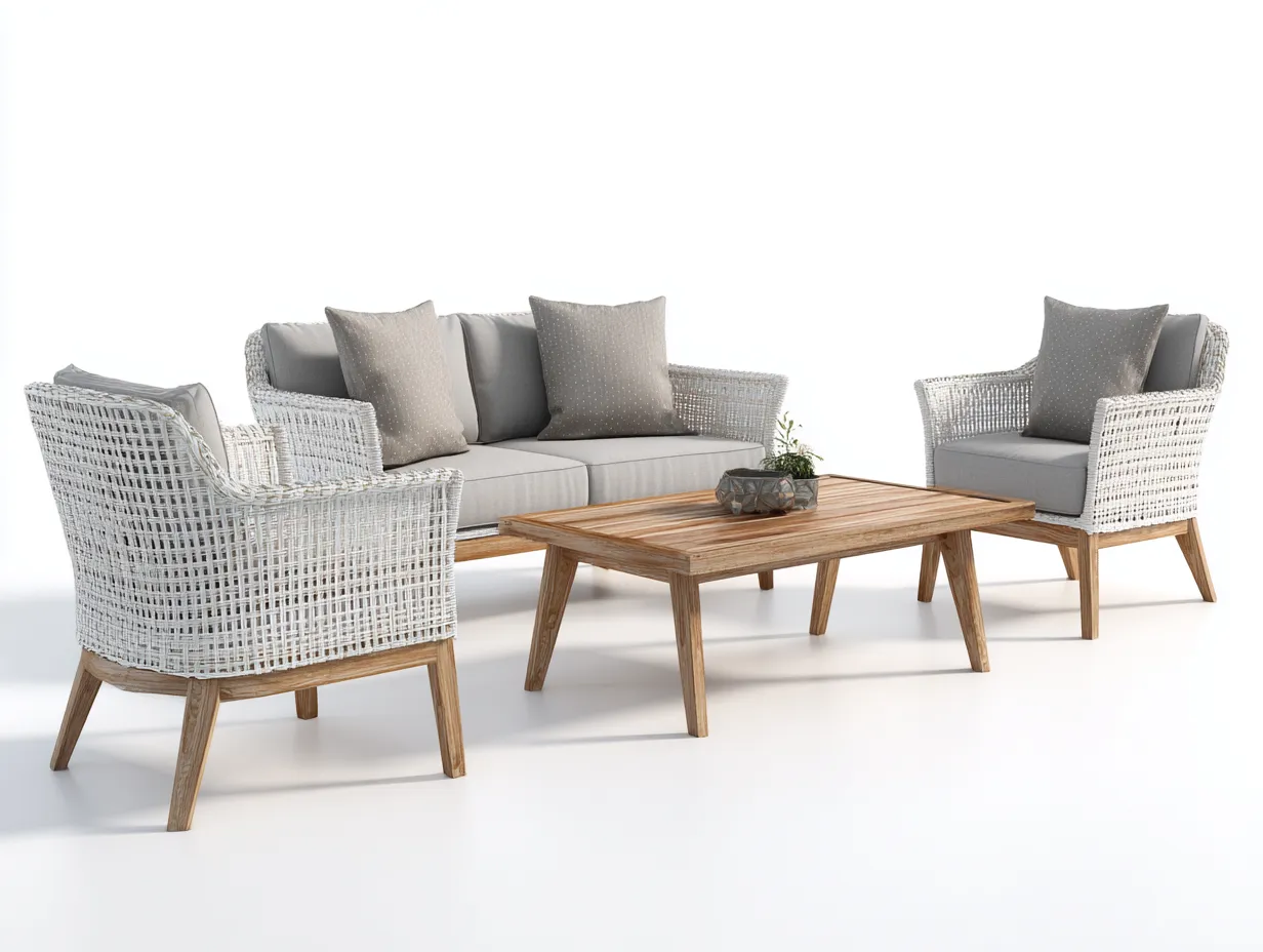 Outdoor Sofa Set - Rattan - Sofa 160x82x85 cm - Naturholzfarbe/Weiß/Grau - für Garten - modernes Design-Abodeilo