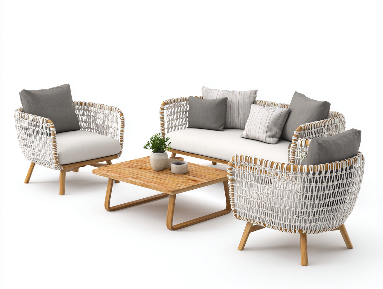 Outdoor Sofa Set - Rattan - Sofa 165x80x85 cm - Naturholzfarbe/Wei - für Garten - modernes Design-Abodeilo